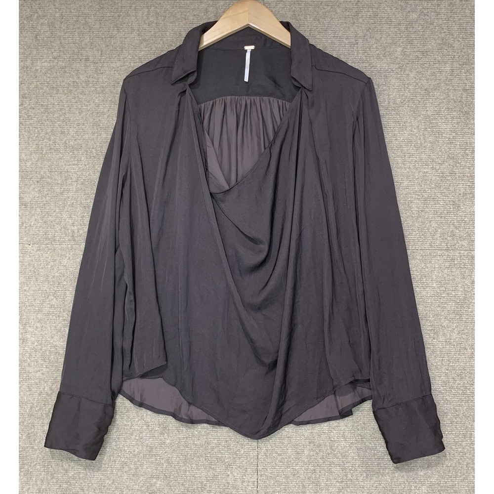 Free People Brown Satin Draped Waterfall Neck  Oversized Blouse Academia Date